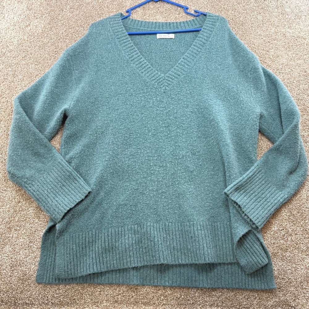 Nine West Womens V-Neck Sweater Teal Green Knit Pullover Medium Side Slit Ribbed